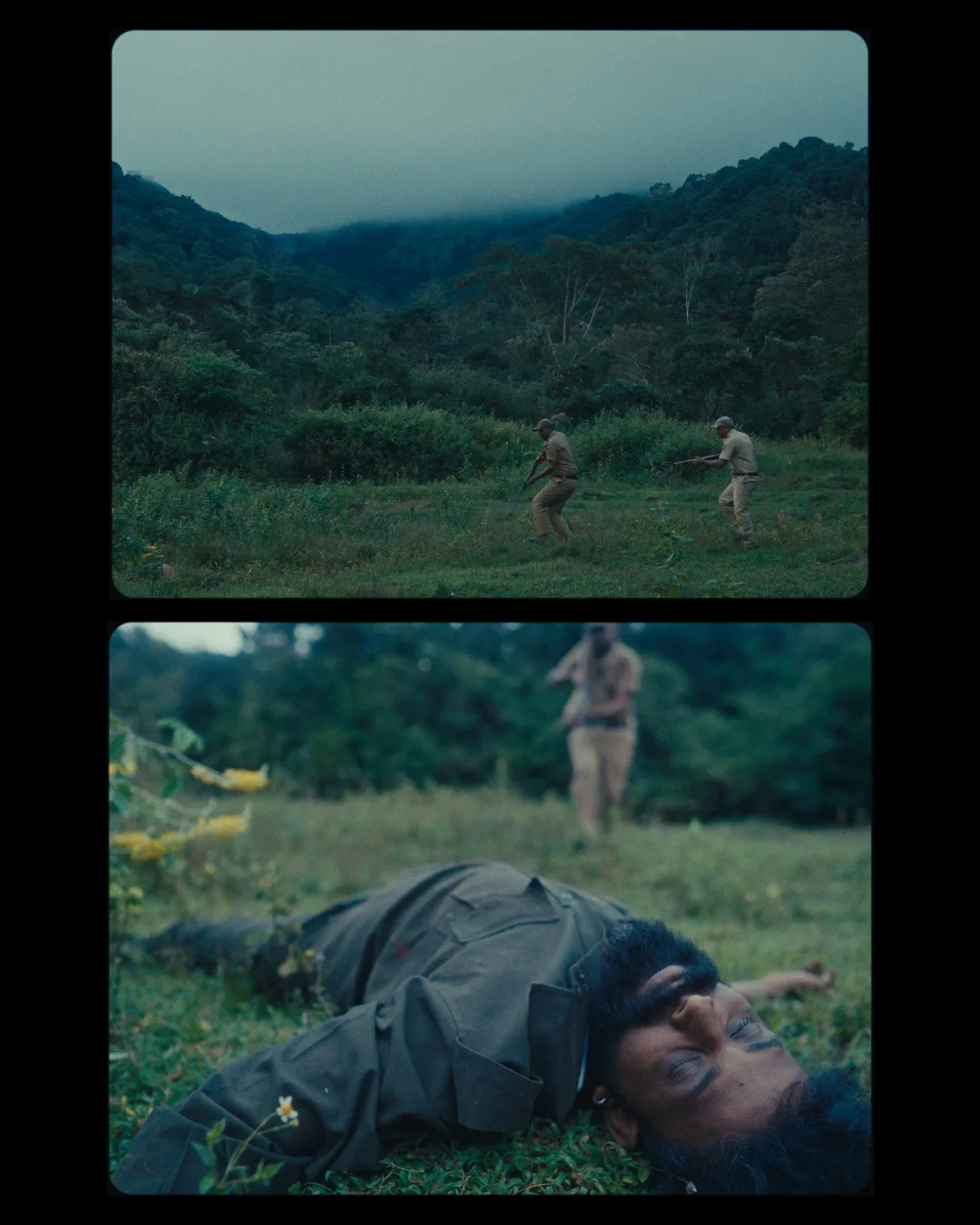 Two fighters in fatigues cross a green field; below, a lone figure walks away through tall grass and wild yellow flowers.
