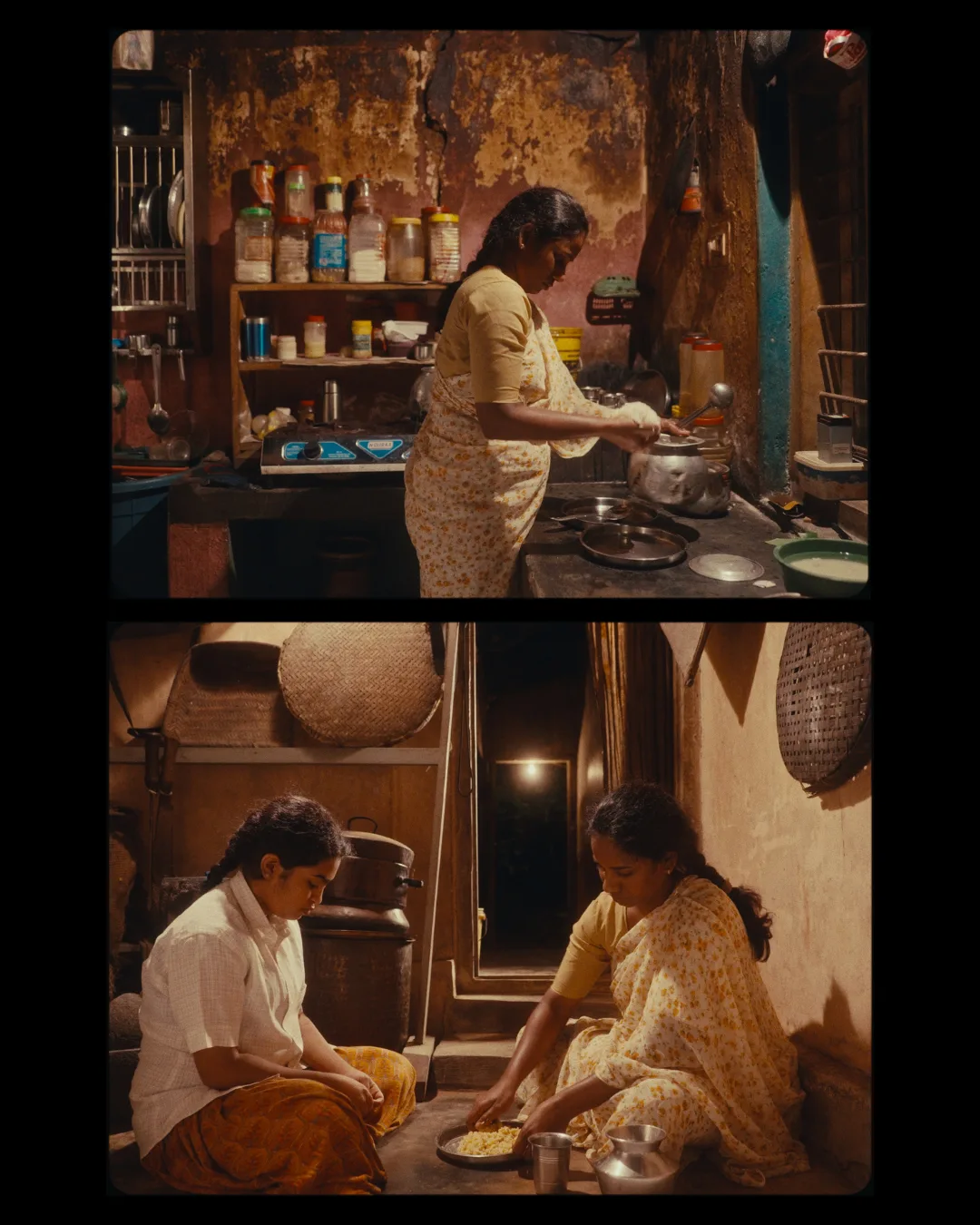 A woman at the hearth among pots in a forest kitchen; below, figures by lamplight in the dim interior.