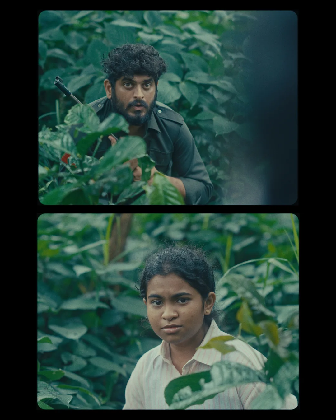 A figure in dark clothes reaches into green foliage; below, a woman half-hidden among the leaves.