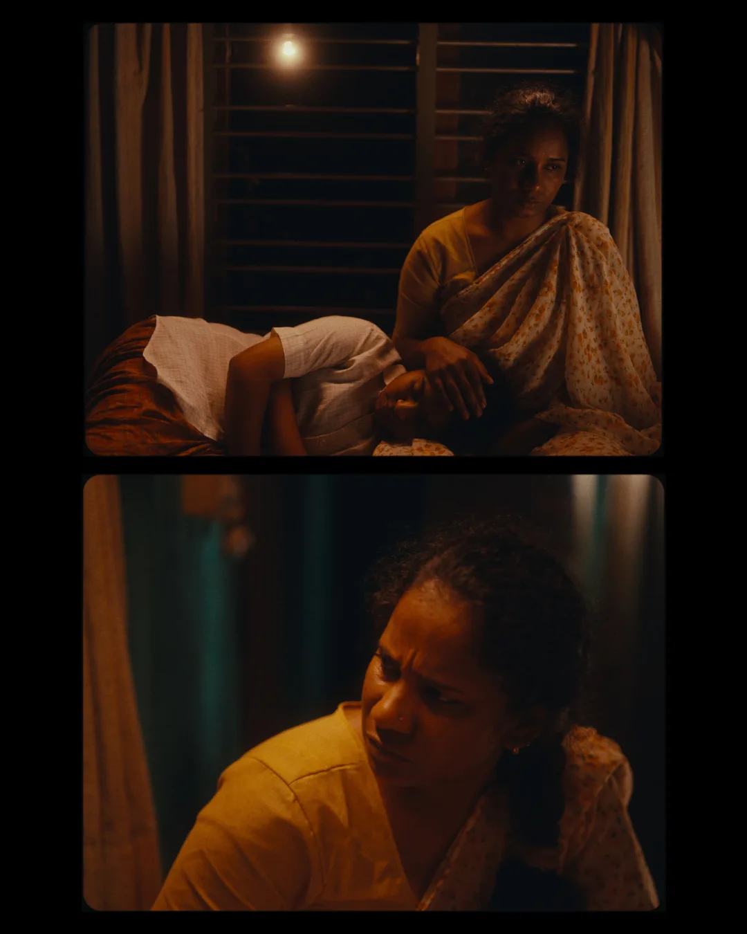 A figure lies wrapped in cloth in warm low light; below, a face half-lit in teal shadow.