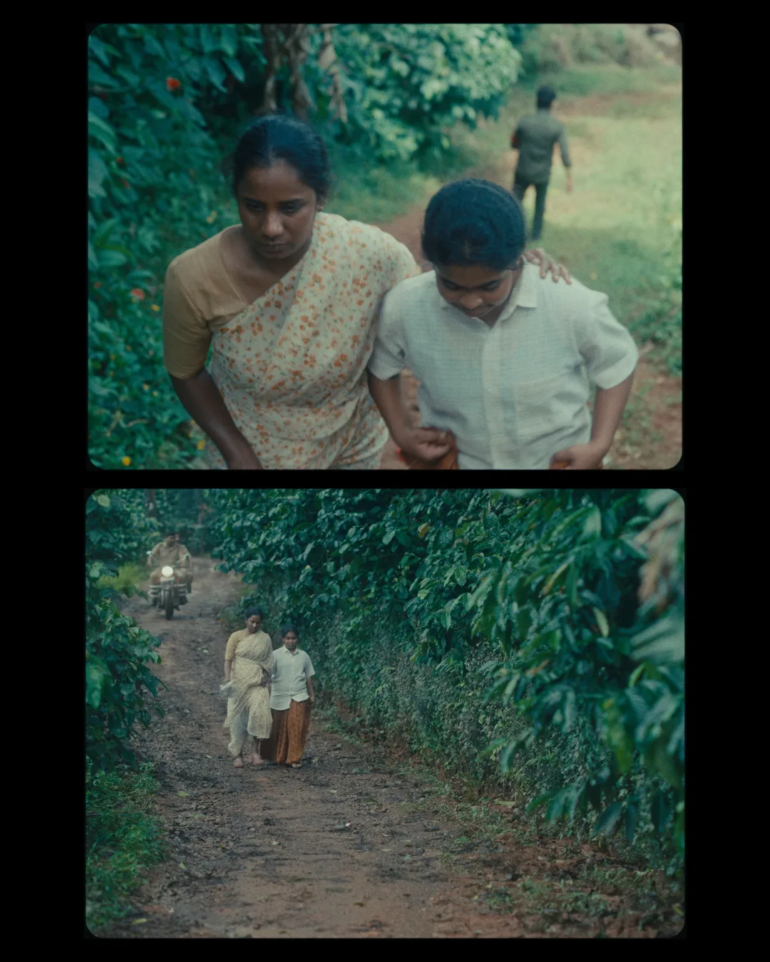 A young couple hold hands among the greenery; below, two figures walk a narrow path through dense forest.