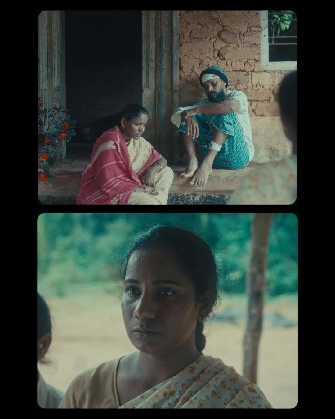 A woman in a pink sari seated on the floor beside a child; below, a close, contemplative face in green light.