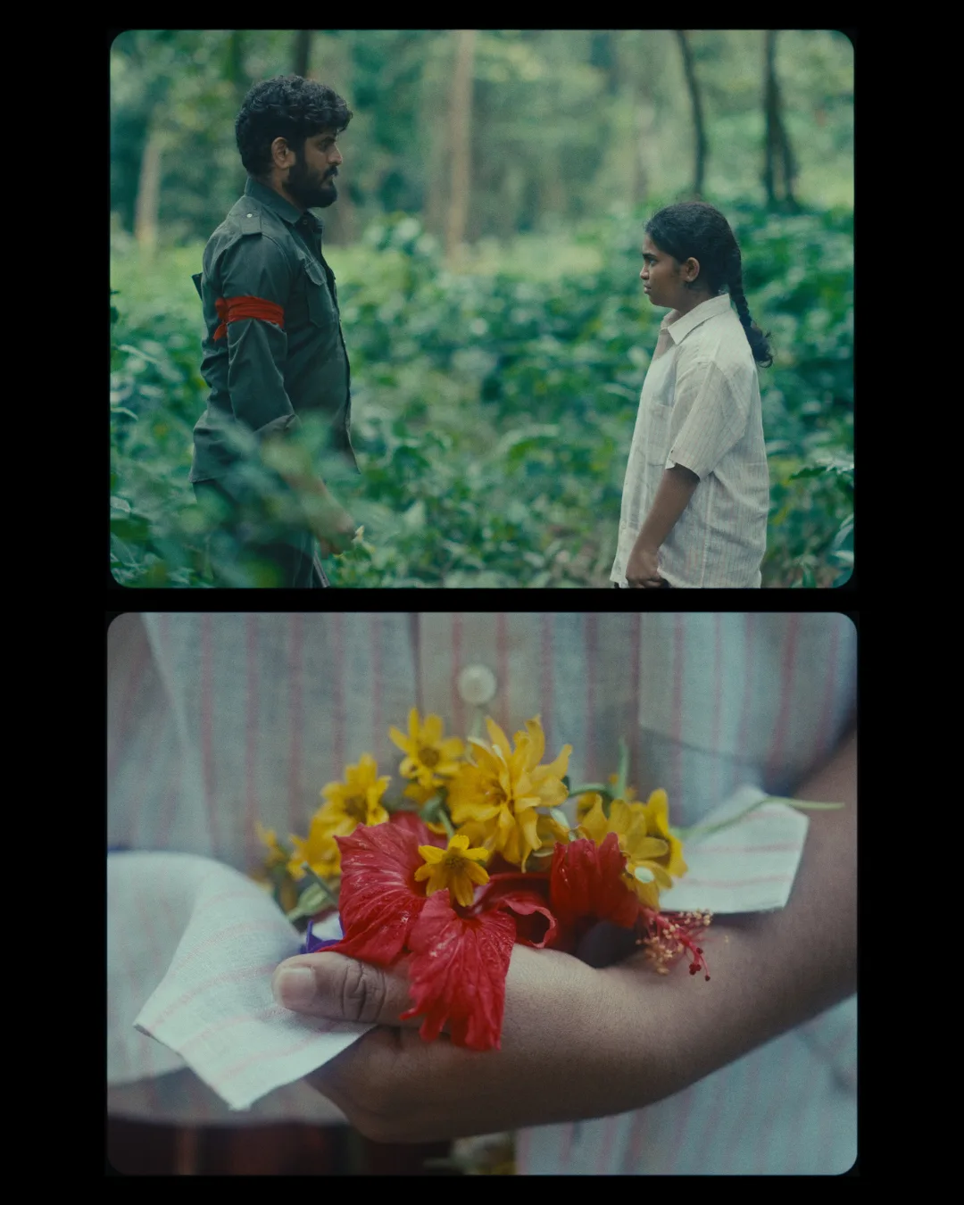 A figure in white walks away through green crops; below, yellow marigolds and red blooms on striped cloth.