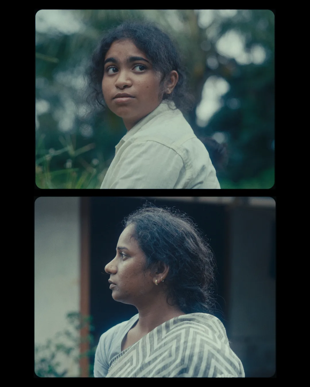 Two profiles against soft green — a figure in a white shirt above, a woman with dark curls, pensive, below.