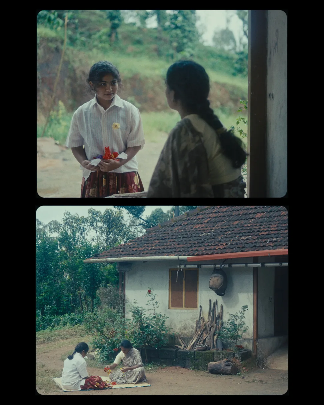 Hands offering red flowers between two people; below, the tiled roof of a forest home among trees.
